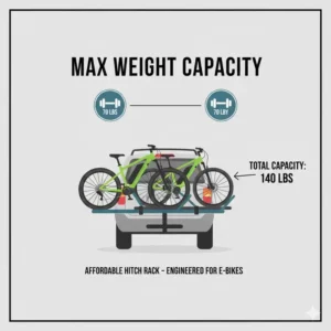 Infographic displaying the heavy-duty weight limit per bike for this affordable hitch bike rack with ramp.