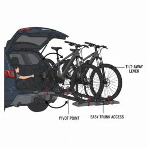 The tilt-down function of a 2 inch hitch bike rack with ramp for easy trunk access.