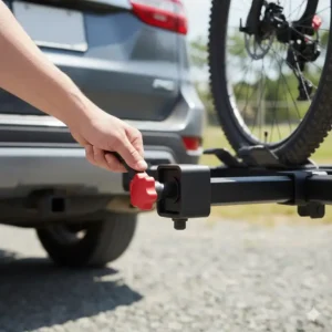 High-quality anti-wobble mechanism of a premium hitch bike rack with ramp for stability.