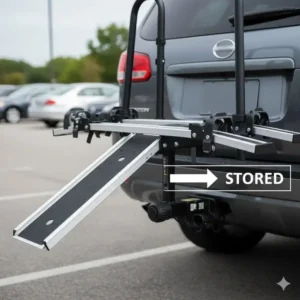 Close-up of the integrated ramp storage compartment on a hitch bike rack with ramp for suv
