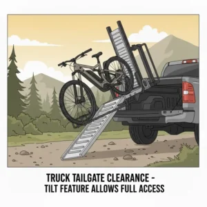 Illustration showing the tilt-away feature of the hitch bike rack with ramp for truck to allow full tailgate access.