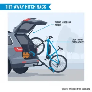 Visual guide of the tilt-away feature on a hitch bike rack with ramp for heavy ebikes for easy trunk access.