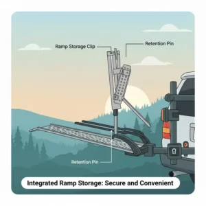 Close-up of the integrated ramp storage slot built into the frame of the best hitch bike rack with ramp.