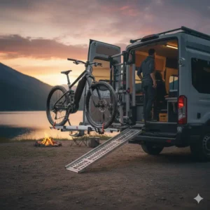 Demonstration of the swing-away feature on a hitch bike rack with ramp for van to open rear doors.