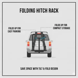 Demonstration of the space-saving folding feature of an affordable hitch bike rack with ramp when not in use.