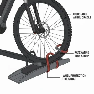 Detailed view of the adjustable wheel cradles on a 2 inch hitch bike rack with ramp.