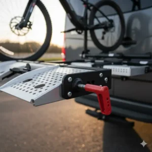 Close-up view of the secure connection point on a hitch bike rack with ramp for van for the loading ramp.