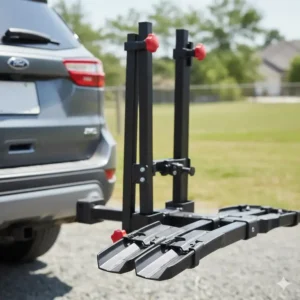 A premium hitch bike rack with ramp folded in a vertical position for compact parking.