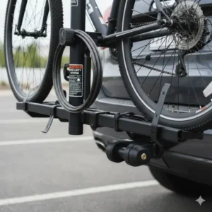 Security cable and locking mechanism on a professional hitch bike rack with ramp for suv.