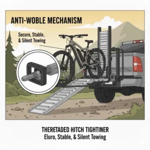 Close-up of the anti-wobble hitch tightener used on a hitch bike rack with ramp for truck for a stable ride.