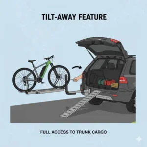 Illustration showing the tilt-away feature for trunk access mentioned in hitch bike rack with ramp reviews.