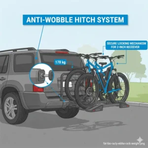 Detailed drawing of the anti-wobble system on a heavy-duty hitch bike rack with ramp for heavy ebikes.