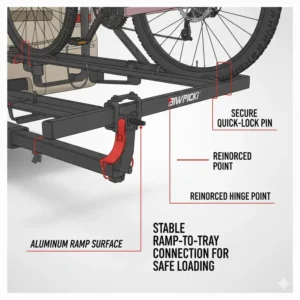 Close-up of the secure ramp connection point on a hitch bike rack with ramp for rv.