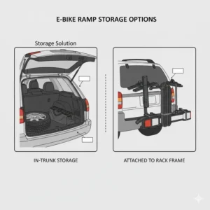 Folding and storing a hitch bike rack ramp for loading ebike in a vehicle trunk.