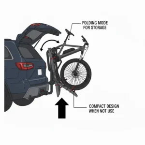 A 2 inch hitch bike rack with ramp shown in its compact folding position for storage.