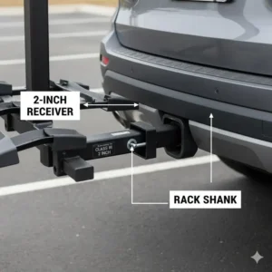 Installation of a hitch bike rack with ramp for suv into a standard 2-inch receiver hitch.