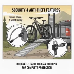 Security features including integrated cable locks on a hitch bike rack with ramp for truck to prevent bike theft.