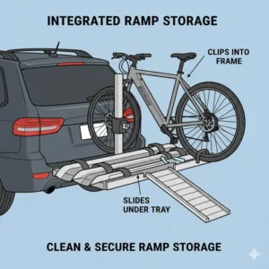 Visual explanation of the integrated ramp storage mechanism from top hitch bike rack with ramp reviews.