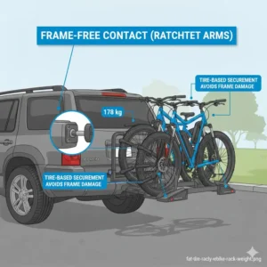Illustration of the secure wheel-clamping system on a hitch bike rack with ramp for heavy ebikes.