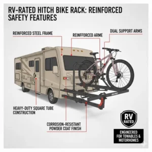 Reinforced safety components of an RV-rated hitch bike rack with ramp for rv.