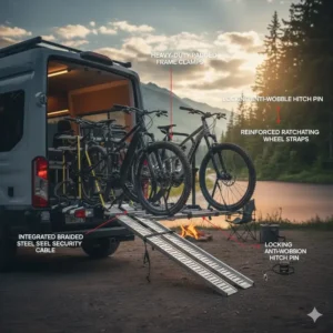 Integrated security cables and anti-wobble bolts on the hitch bike rack with ramp for van.