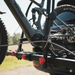 Integrated security cable locks on a premium hitch bike rack with ramp to prevent theft.