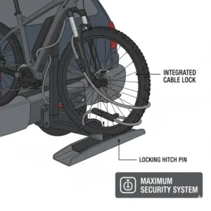 The integrated locking system and safety pins of a 2 inch hitch bike rack with ramp.