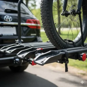 Detail of the heavy-duty adjustable wheel trays on a premium hitch bike rack with ramp.