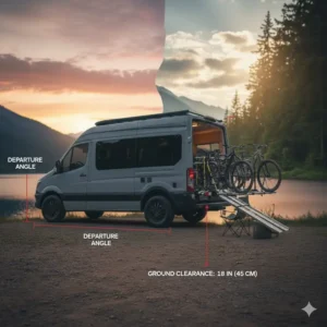 Diagram showing the optimal ground clearance and departure angle for a hitch bike rack with ramp for van.
