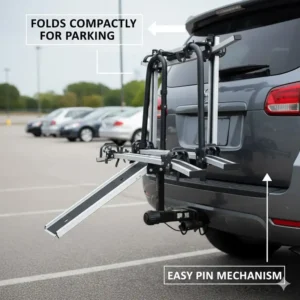 A hitch bike rack with ramp for suv folded vertically for compact parking and storage.