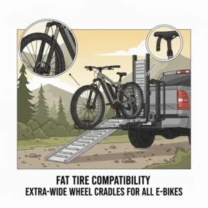 Wide wheel cradles on a hitch bike rack with ramp for truck designed to accommodate fat tire electric bikes.