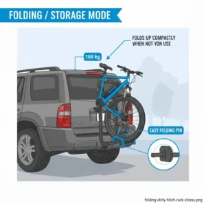 Compact storage view of a folded hitch bike rack with ramp for heavy ebikes against the back of a vehicle.