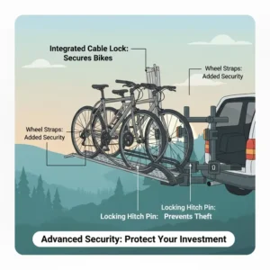 Detailed view of the heavy-duty security locks and hitch pin on the best hitch bike rack with ramp.