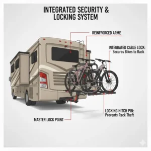 Integrated cable and hitch locks for a hitch bike rack with ramp for rv.