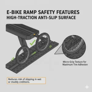 Close-up of the anti-slip traction surface on a hitch bike rack ramp for loading ebike.