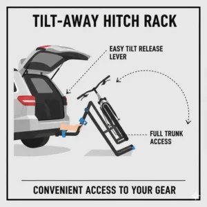 Illustration of the tilt-away function for trunk access while using an affordable hitch bike rack with ramp.