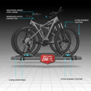 Technical diagram showing the high load capacity of this heavy duty hitch bike rack with ramp for e-bikes.