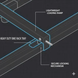 Close-up view of the secure connection point on a heavy duty hitch bike rack with ramp.