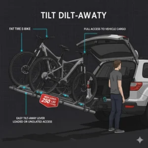 Demonstration of the tilt-away function on a heavy duty hitch bike rack with ramp for trunk access.