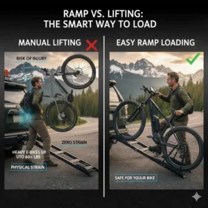 Infographic comparing the ease of a heavy duty hitch bike rack with ramp versus lifting heavy bikes.
