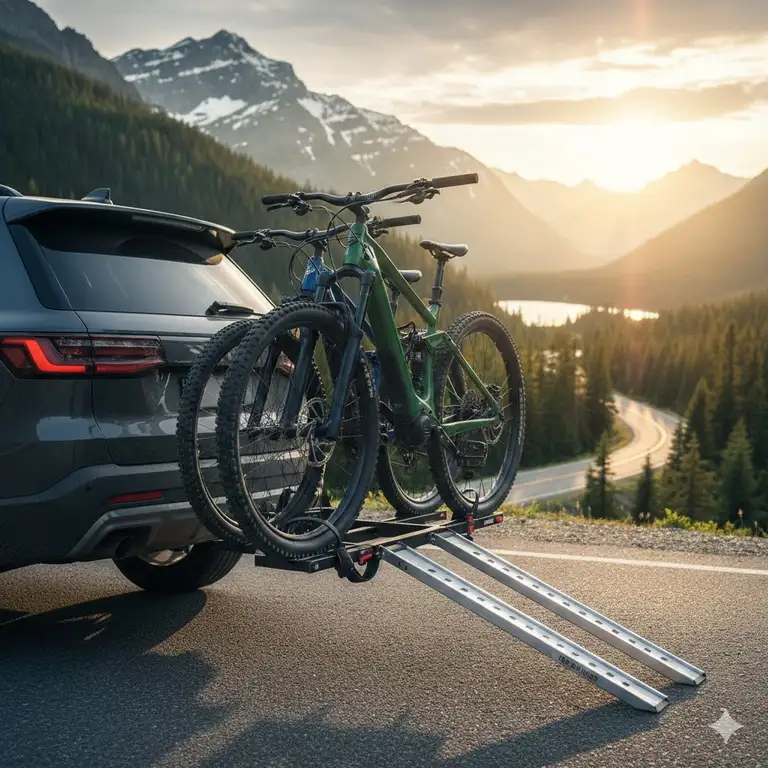A professional hero shot of a heavy-duty folding hitch bike rack with ramp attached to an SUV.