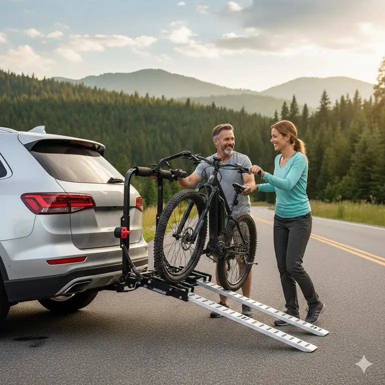 A heavy-duty no lift hitch bike rack with ramp installed on an SUV for easy e-bike transport.