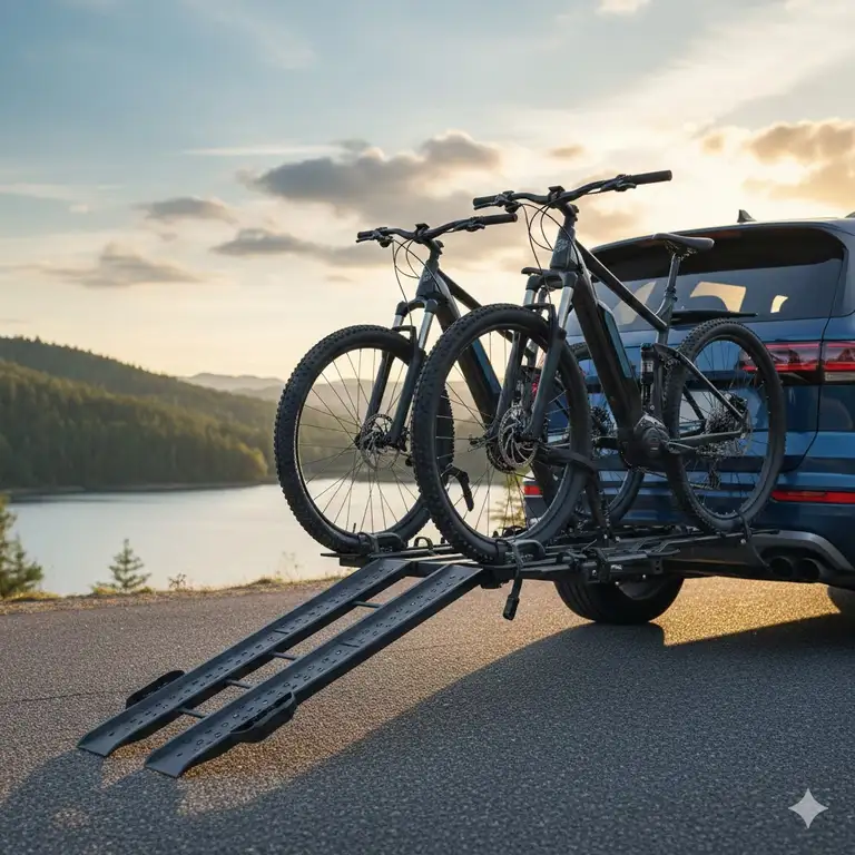 A premium platform hitch bike rack with ramp installed on an SUV for transporting electric bikes.