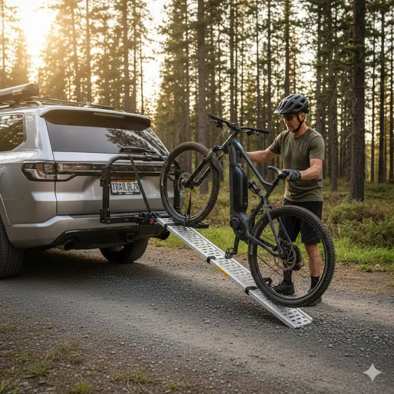Heavy duty hitch bike rack with ramp 2 bikes installed on a silver SUV at sunset.