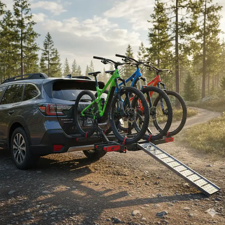 A heavy-duty hitch bike rack with ramp 4 bikes mounted on an SUV in a forest setting.