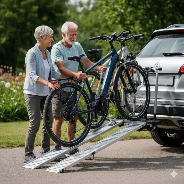 A senior couple easily loading their electric bicycles onto a hitch bike rack with ramp for seniors attached to an SUV.
