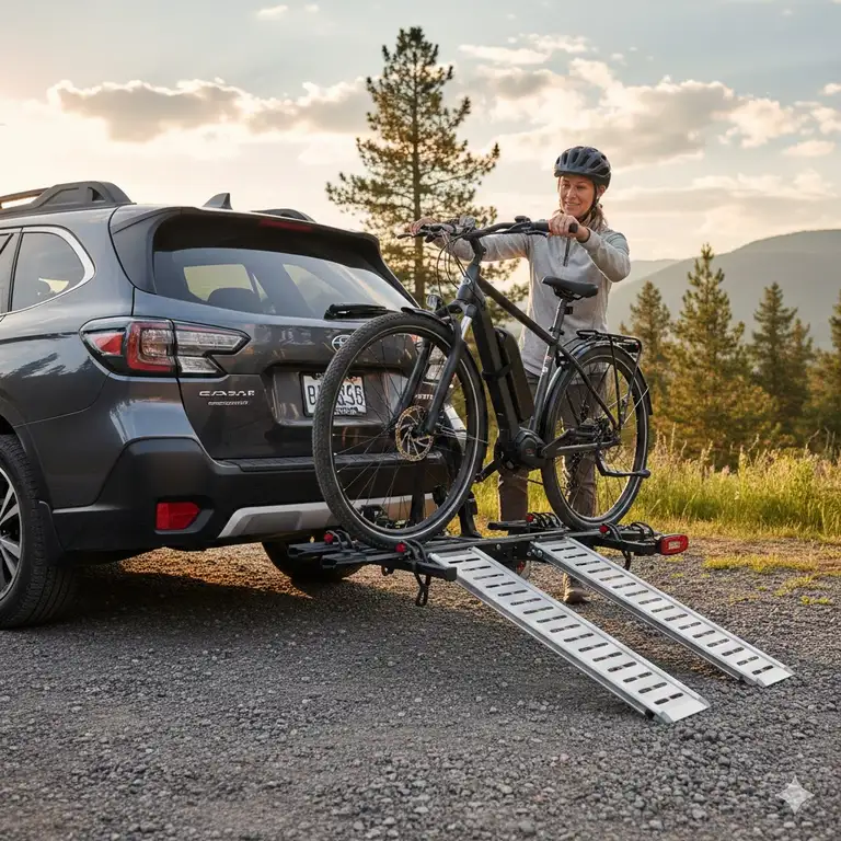 A woman easily loading an electric bicycle onto a low effort hitch bike rack with ramp attached to a grey SUV during sunset.