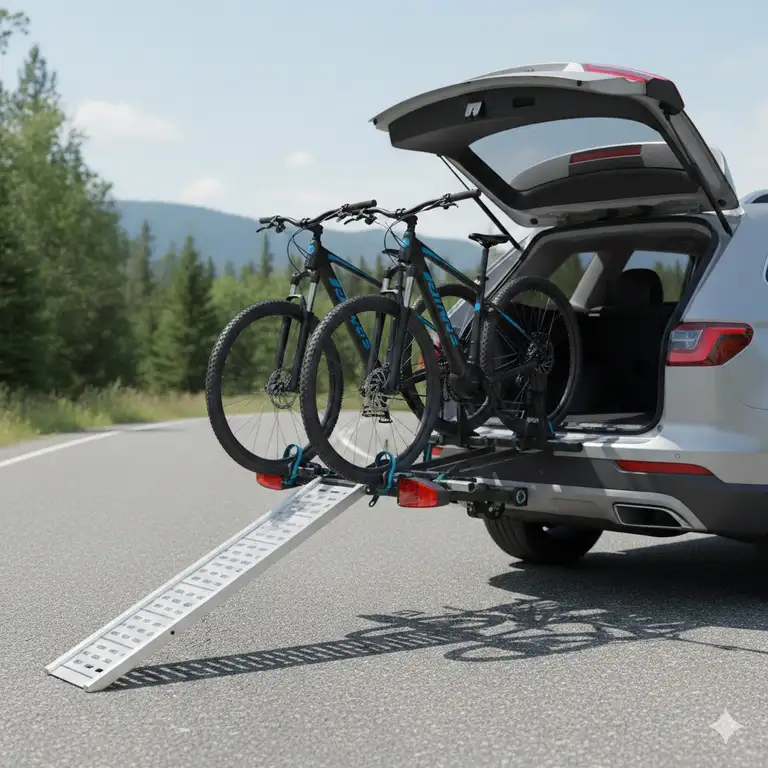 A professional view of a premium tilt hitch bike rack with ramp installed on an SUV carrying two electric bikes.