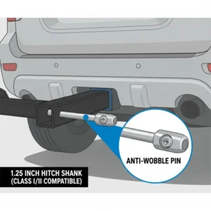 Detailed view of the receiver shank on a 1.25 inch hitch bike rack with ramp for Class I and II hitches.