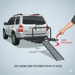 Diagram showing the smooth ramp deployment of a no lift hitch bike rack with ramp for ground-level access.